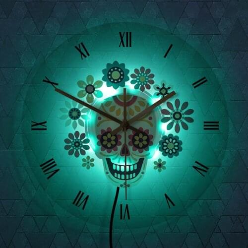 Day of the Dead Home Decorative Floral Sugar Skull Mexican Design Colorful Transparent Acrylic Printed Wall Clock Wall Art