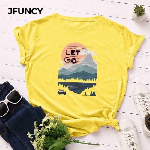 JFUNCY Summer Plus Size Basic Tees Tops Cotton Short Sleeve Tshirt Leisure Sports Camping Print Harajuku T Shirts Women Clothing