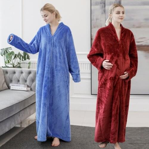 Pregnant Women Bathrobe Girls Winter Thermal Flannel Pajamas Long Bath Robe Zipper Nightdress Warm Dressing Gown Home Clothes