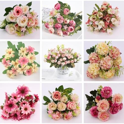 Silk DIY Daisy Camellia Artificial Flowers Small Rose Bride Bouquet Xmas Party Decor Faux Fake Flowers Wedding Home Decoration