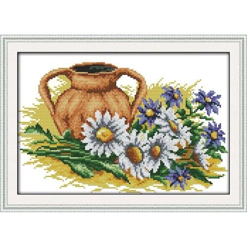 Joy Sunday Daisy And Pot Chinese Cross Stitch Kits Ecological Cotton Clear Stamped Printed 14CT DIY Wedding Decoration For Home