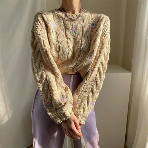 Alien Kitty Sweet Floral Embroidery Sweaters Outwear 2021 Gentle Tops Pullovers Women Casual Knitted Autumn Thicken Full Sleeves
