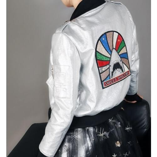 Fashion Sequins Beading leather jackets female Thailand style rivet beading graffiti cartton locomotive Pu leather jacket wq2018