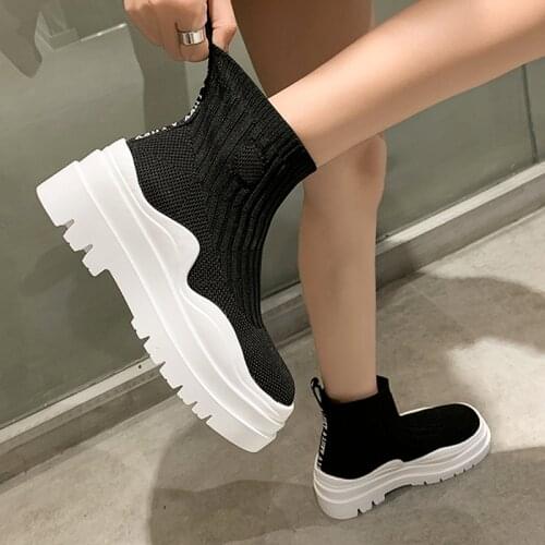 Fashion Women Modern Boots Elastic Sock Mesh Platform Wedge Height Increasing Comfortable Lining Autumn Ladies Shoes Female 2021