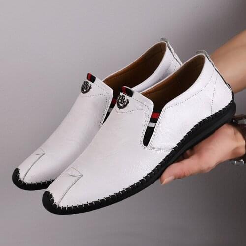 Harajuku Peas Shoes Breathable Genuine Leather Men Big Size Flat Loafers Moccasins Walking Driving Outdoor Travel Soft Shoes