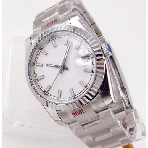 36mm/40mm Sapphire Mens Automatic Watch Japan Miyota 8215 White Face Green Lume Fix Bezel Oyster Band Date Cyclops Glide Lock