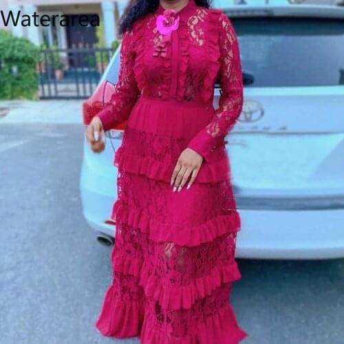 2019 New Lace Shirt Collar Tall Waist A-Word Cake Short-Sleeved Dress With Brooch Womens Clothing Long Dress2183