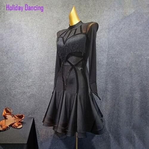 Women Latin Dance Dress Long Sleeve Tassel Dancing Practise Cloth Samba Tango Chacha Dancing Performamnce BY306