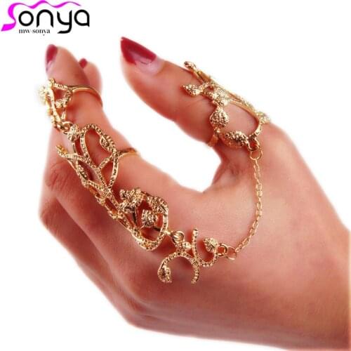 Hollow Flower Full Finger Rings Link Chain New Decor Armor Knuckle Open Ring Bohemian Fingers Accessories 4D3021