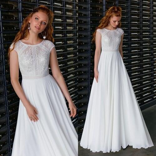 Simple White Boho Wedding Dress Cap Sleeve Elegant A-Line Bridal Gown Scoop Neck Chiffon Robe Mariee Bride To Be 2021