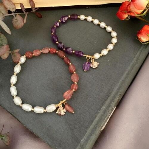 Luxury contracted baroque freshwater pearls natural strawberry amethyst bracelet with small crystal mesh red female