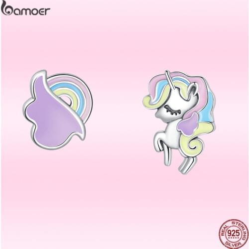 Bamoer New Dreamy Unicorn Ear Studs for Young Girl Genuine 925 Sterling Silver Morandi Color Animal Earrings Fine Party Jewelry