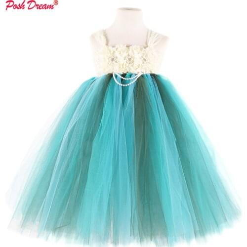 POSH DREAM Teal Green Children Kids Girls Dresses 1-14 year Beige Flower Toddler Baby Wedding Party Dresses Lace Girls Clothes