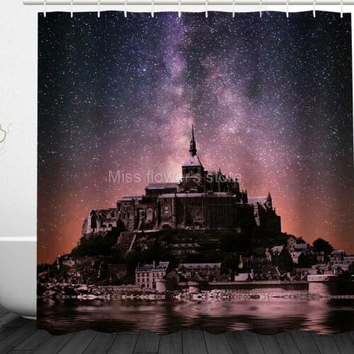 France Castle of Mont Saint-Michel Design Custom Shower Curtains Bathroom Waterproof Mildew Fabric + 12 Hooks