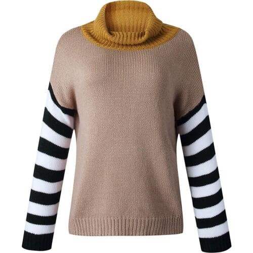 Women Autumn Winter Cowl Neck Sweater Long Sleeve Color Block Pullover Jumper