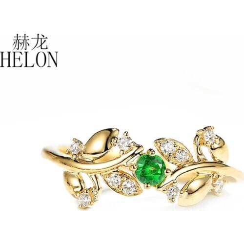 HELON Solid 14K Yellow Gold 0.12ct Natural Emerald & 0.10ct Diamond Engagement Wedding Women Trendy Leaf style Fine Jewelry Ring