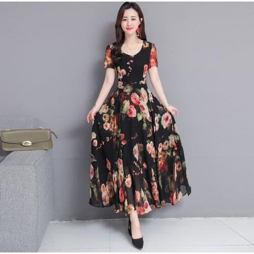 2020 Summer Floral Printed Slim Chiffon Dress Female Plus Size Elegant Short Sleeve O-Neck Party Dresses Women Vestidos 672