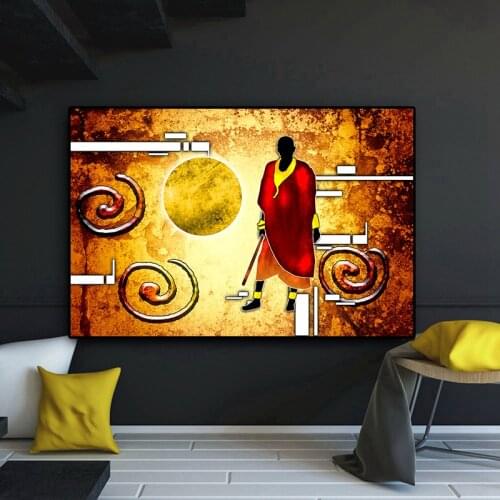 Abstract Figure African Art Sunset Gold Oil Painting on Canvas Poster and Print Cuadros Wall African Art Picture for Living Room