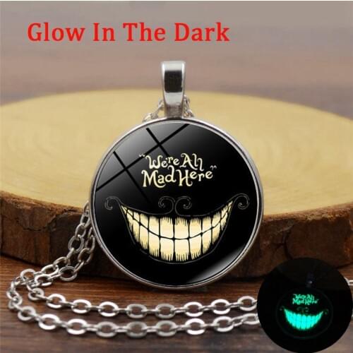 Alice In Wonderland Luminous Necklace Cheshire Cat Glass Glow In The Dark Jewelry Long Chain Cabochon Neckalce for Women