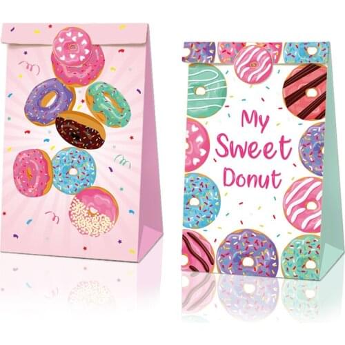 1set Donut birthday party Paper gift candy cookies bag 12 pcs and stickers 18 pcs Candy Bag for birthday party thanks gift bags