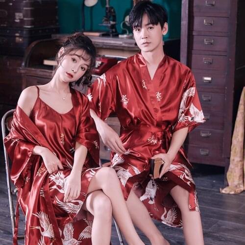 Short style Crane Print Female Silk Robe nightdress Set Couple Sleepwear Men Nightwear Bathrobe Shorts Satin Nightgown