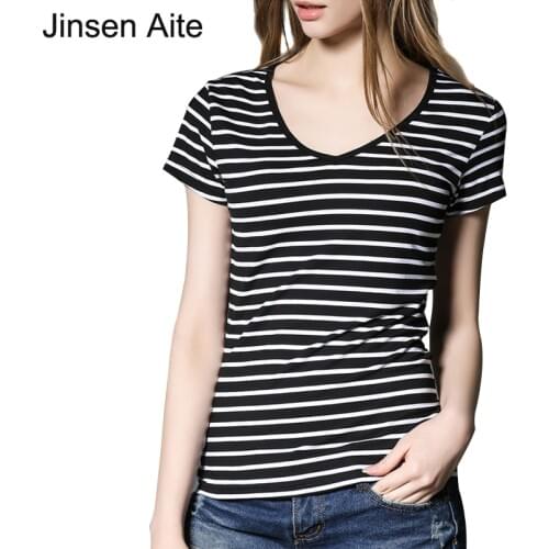 Jinsen Aite Plus Size S-4XL New Summer Style Modal Women T-shirt Striped Sexy V-Neck Short Sleeve Casual Ladies Tees Tops JS271