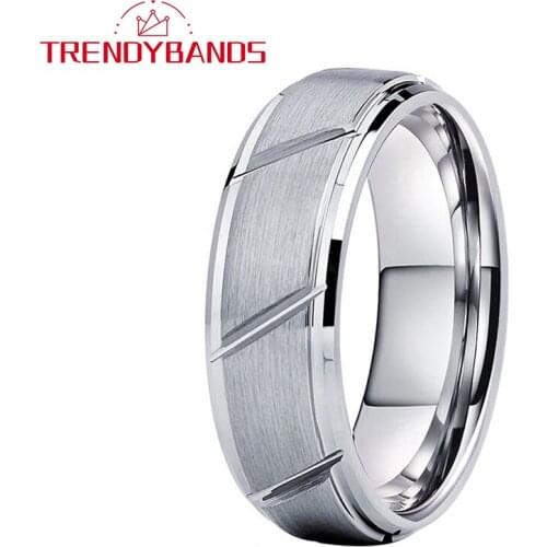 8MM Tungsten Carbide Ring Brilliant Cut Round Rings Matte Brushed Mens Wedding Band Grooved Beveled Edges
