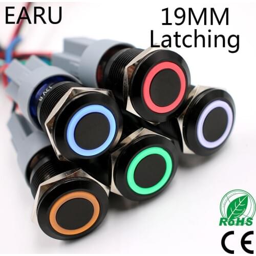 19mm Alumina Black Waterproof Latching Maintained Self-lock Fixation Round Metal Push Button Switch LED Light Car Horn Auto Lock
