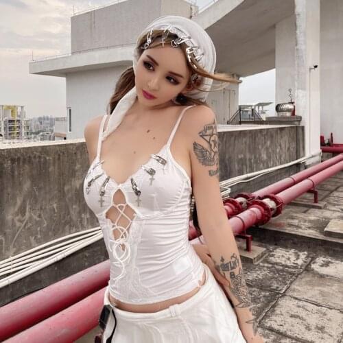 New Summer Harajuku Sexy Hot Girl Party Club White Bandage Backless Sling Vest Punk Gothic Fashion Hollowed Out Slim Sling