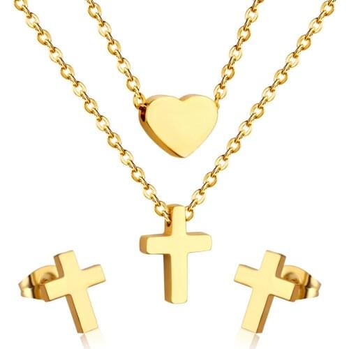 LUXUKISSKIDS Newest Jewellery Set Heart Cross Necklace Earring Bridal Wedding Gold Color Dubai Jewelry Sets For Women Girls