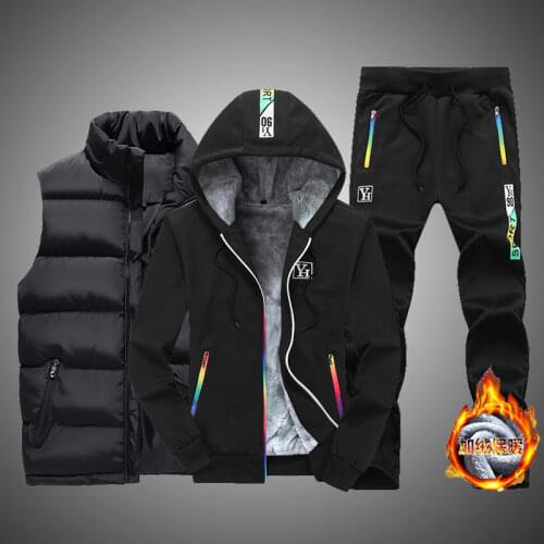 Mens Casual Hooded Warm Sweatshirts Thick Tracksuit Men 3PC vest+Jacket+Pant Men Moleton Masculino Winter Inner Fleece Hoodies