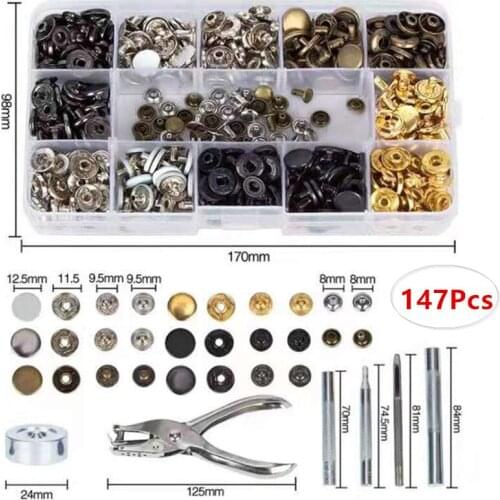 147 Pcs Snap Fastener Kit Metal Snap On Buttons Set with 5 Pcs Fixing Tools and 1Pcs Punch Pliers for Jacket Jeans Bags Leather