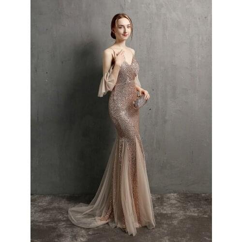 2021 New Women Sexy V Neck Spaghetti Straps Sequin Evening Dress Female Off Shoulder Elegant Party Dress