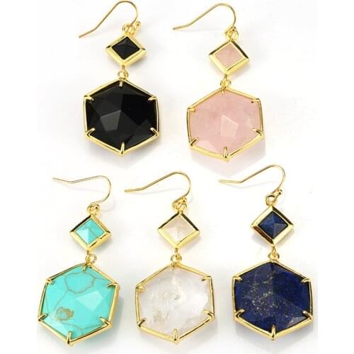 Vintage Women Drop Earrings Prong Setting Geometric Gems Jewelry Double Side Faceted Hexagon Natural Stone Labradorite Earring