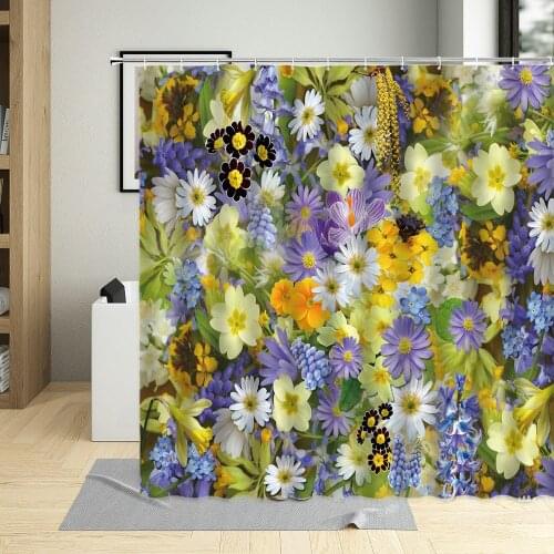 Tulip Flower Clump White Purple Flowers Pattern Bathroom Screens Home Shower Curtain Waterproof Washable With Hook Polyester