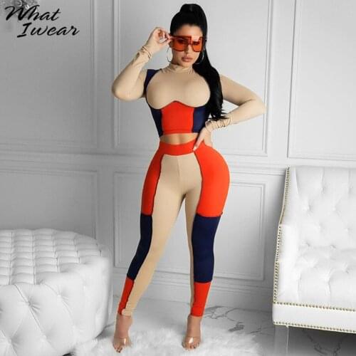 Whatiwear2021Splicing Skinny 2Piece Set Women Spring High Collar Crop Top+Stretchy Legging Matching Outfit Female Hot Streetwear