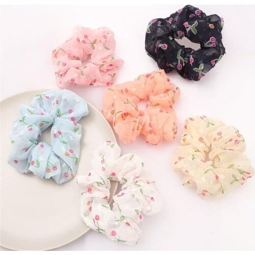Fashion Design Printed Cherry Hair Tie for Women Female Scrunchie Ponytail Hair Holder Rope Chiffon Headwear Hair Accessories