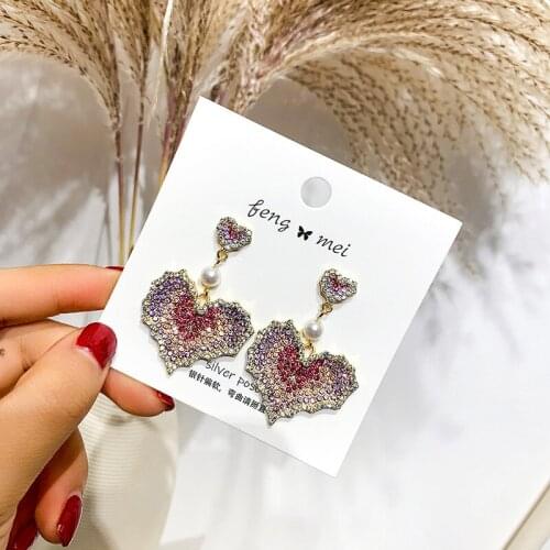 Pink and purple Ice Cubic Zirconia Double Heart Stud Earring for Women Teen Girl - Pave Rhinestone Glittering Heart Jewelry KI4G