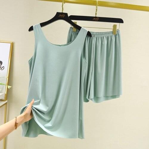 Woman Pajama Sets Solid Color O Neck Pullover Sleeveless Tops Shorts Two-piece Ladies Pajama Suit Pyjama Femme Loose Sleepwear
