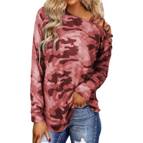 2021 Women Autumn Maxi Long Sleeve T Shirt Oblique Shoulder Crossed Straps Camouflage Printed Hollow Out Women Loose Top