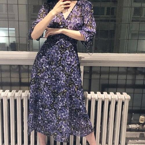 Women Dress 2019 V Collar Seven Points Bubble Sleeve Ladies Color Matching Print V-neck Lace Midi Dress