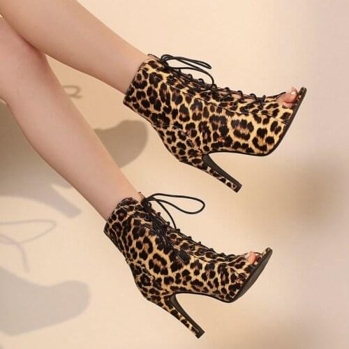 Sexy Leopard Women Summer Ankle Boots Fashion Slip On Peep Toe Short Boots Spring Autumn Cross Tied Thin High Heel Lady Shoes