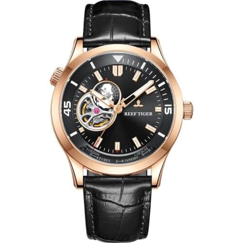 Reef Tiger/RT Top Brand Automatic Rose Gold Watch Leather Strap Tourbillon Wrist Watches Relogio Masculino RGA1693-2