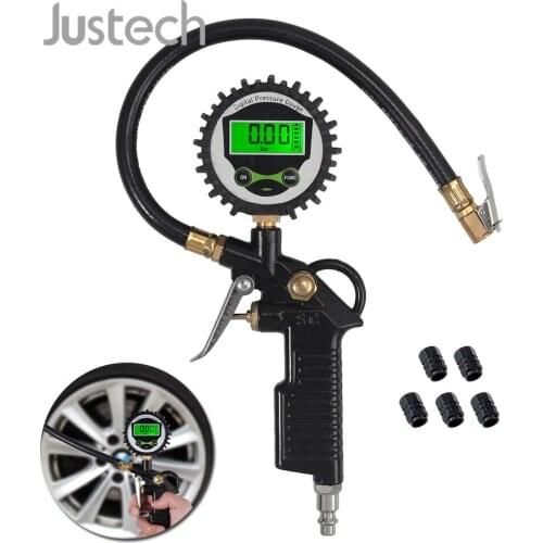 Justech US LCD Digital Tire Pressure Gauge 1/4" NPT Steel Fitting 200 PSI with 5pcs Black Plastic Valve Cap Tire Inflator Gauge