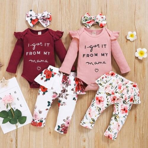 3M-18M) baby suit autumn long-sleeved letter printing pit striped romper bag fart suit + printed pants + hair band suit 30