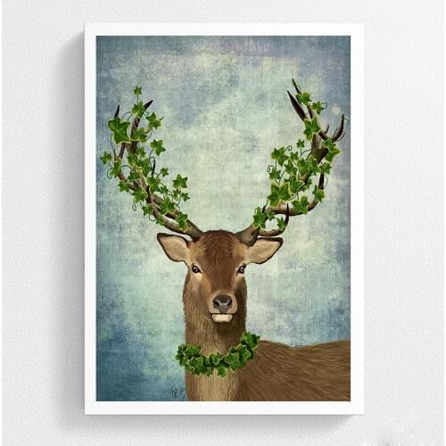 Unframed Elk Spray Paintings Canvas Print Animals Posters Prints Nordic deer with green leaf Wall Art Pictures for Living Room