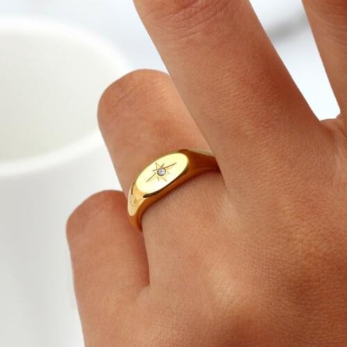 New Waterproof Stainless Steel Oval Face 3A Zircon Paved Star Ring Water Resistant 18K Gold Plated Rings For Lady