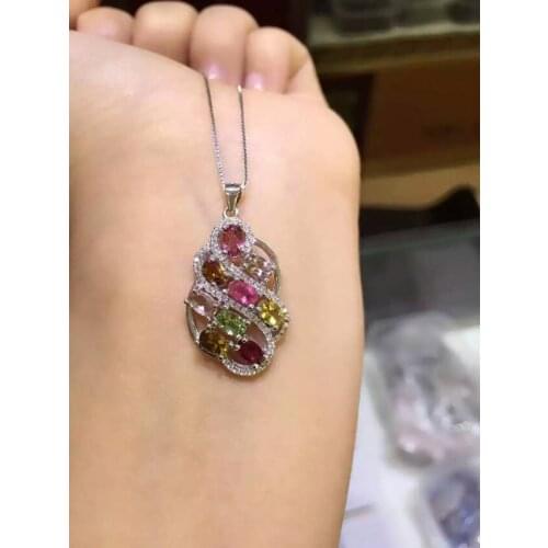 Natural multicolor tourmaline pendant S925 silver Natural gemstone Pendant Necklace trendy Leaves women party fine jewelry
