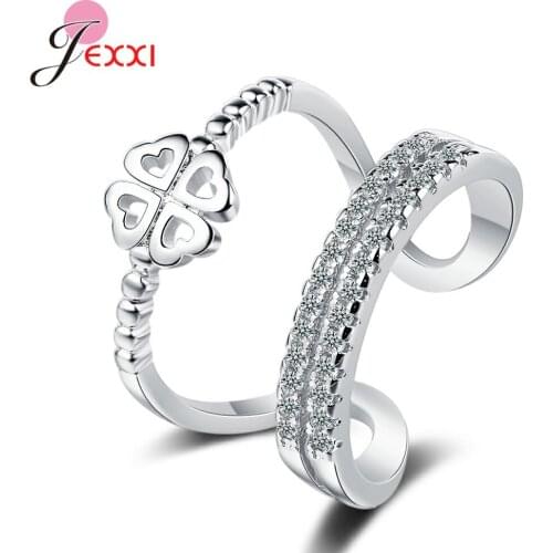 New Simple 925 Sterling Silver White Zircon Stone Cute Leaf Flower Open Ring for Women Adjustable Wedding Finger Jewelry Bijoux