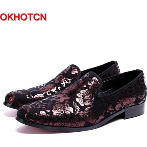OKHOTCN Handmade Fashion genuine leather mans Shoes slip-on spring & autumn point Toe Flower Printing Spikes Men Flat Shoes